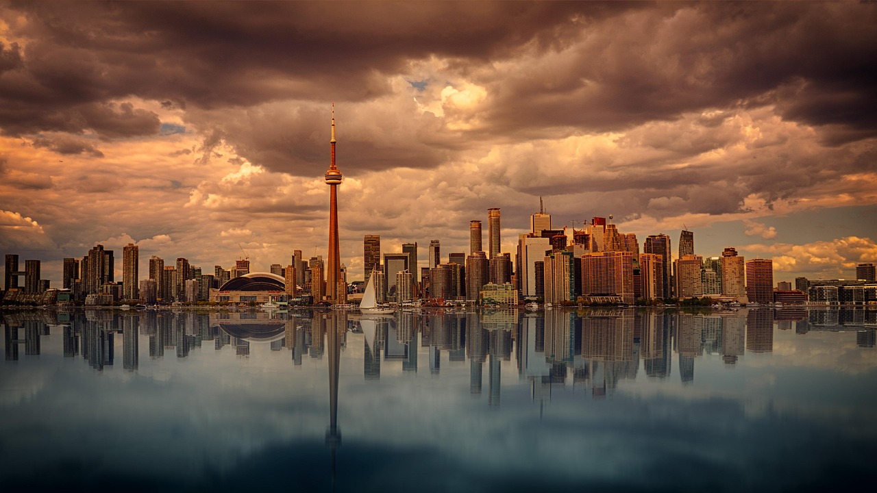 toronto, skyline, sunset, dawn, panorama, canada, sky, nature, clouds, skyscrapers, cityscape